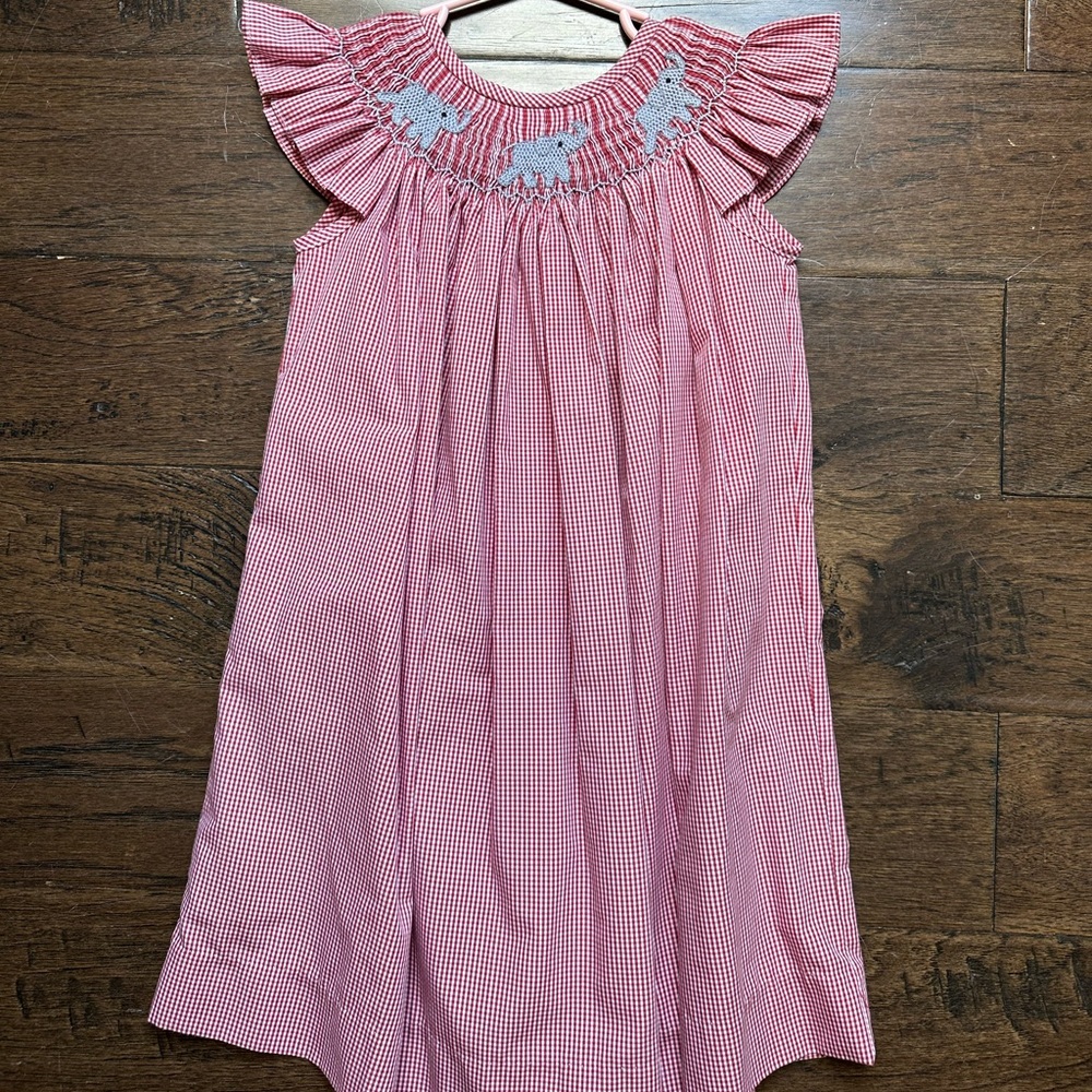 Smocked Garnet and White gingham dress with elephants. 3T.  Roll Tide